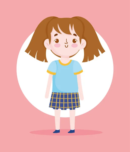 Cartoon character little girl with pony tails pupil school uniform — Stock Vector