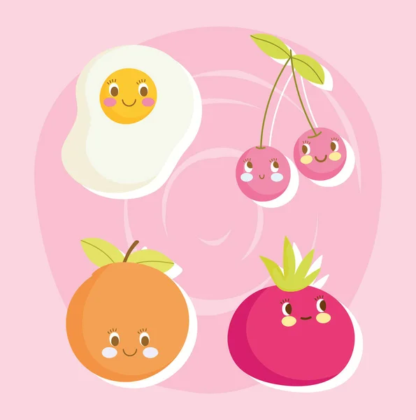 Roztomilé jídlo vzor design, smažené vejce cherry rajče a oranžové karikatury — Stockový vektor