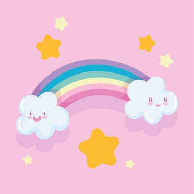 Gökkuşağı çizgi filmi bulutlar altın yıldız rüya süslemesi