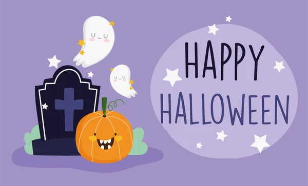 Happy Halloween, cheerful pumpkins ghost gravestone trick or treat party celebration — стоковый вектор
