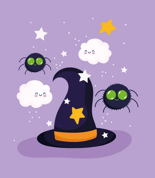 Счастливый Хэллоуин, шапка-паук затуманивает звёзды или угощает праздником — стоковый вектор