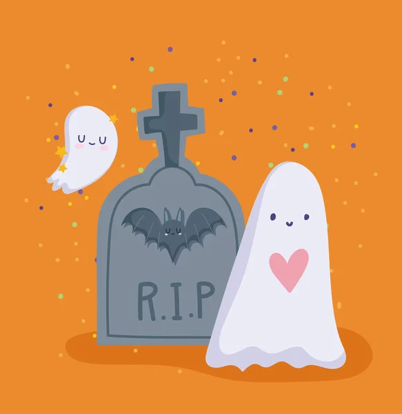 Frohes Halloween, Geister und Grabstein mit Kreuz-Trick oder Party-Leckerbissen — Stockvektor
