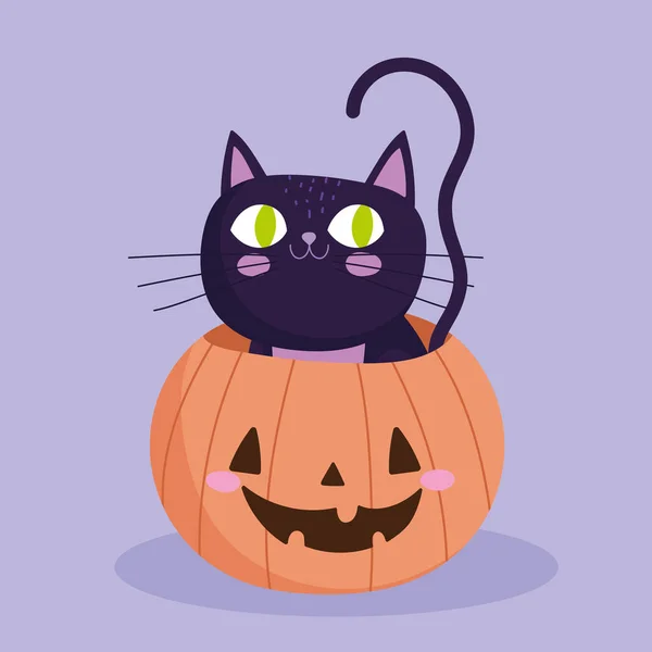 Felice Halloween, gatto nero all'interno dolcetto di zucca o trattare festa celebrazione — Vettoriale Stock