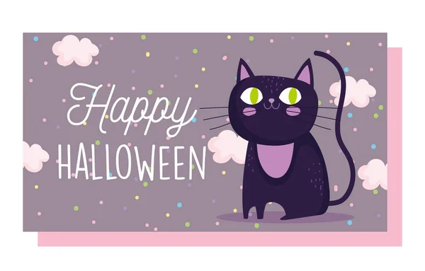 Felice Halloween, carino nero gatto nuvole cartone animato trucco o trattare festa celebrazione — Vettoriale Stock