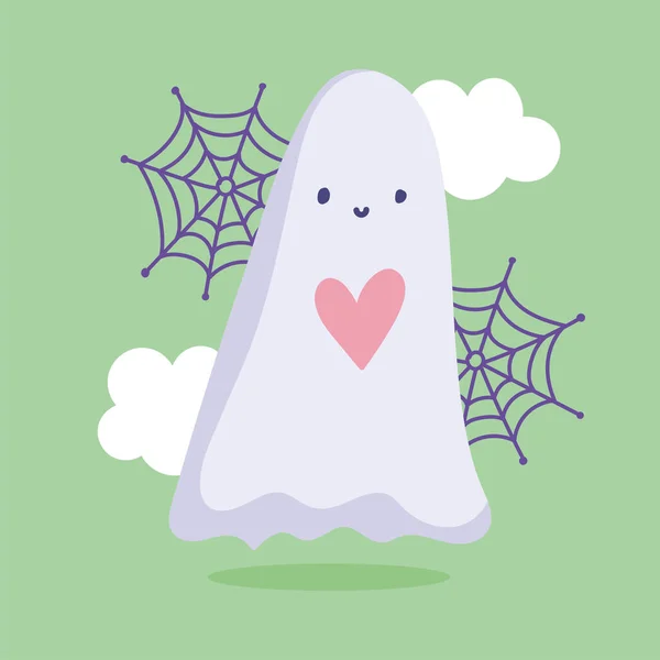Šťastný halloween, roztomilý duch srdce mraky a web trik nebo léčit party oslavy — Stockový vektor