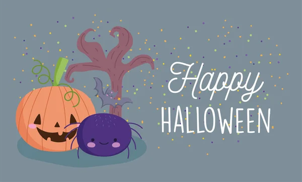 Feliz halloween, lindo árbol de araña de calabaza y truco de dibujos animados de murciélago o fiesta de convite — Vector de stock