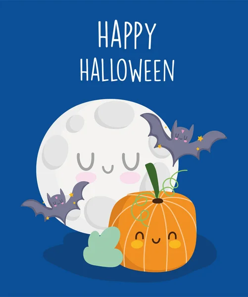 Feliz halloween, murciélagos voladores luna y calabaza truco de dibujos animados o fiesta de convite — Vector de stock
