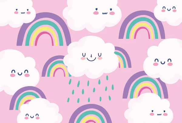 Милые радуги облака дождь мультфильм украшения розовый фон — стоковый вектор