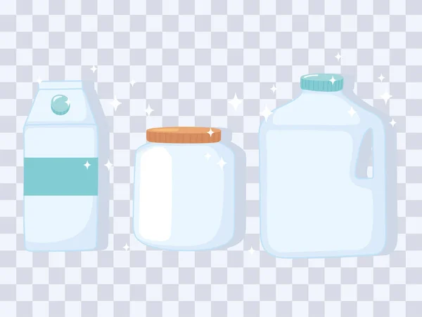 Plastik- oder Glasbecher Flaschenattrappen, Flaschengläser und Schachtelbehälter — Stockvektor