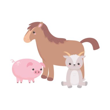 Şirin at keçisi domuzcuk çiçekleri çayır çizgi film hayvanları izole edilmiş beyaz arka plan tasarımı