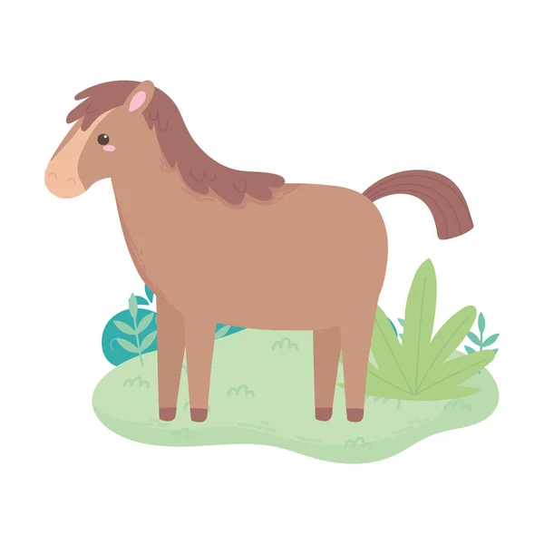 Dibujos animados caballo animal de pie hierba arbusto aislado blanco fondo diseño — Vector de stock