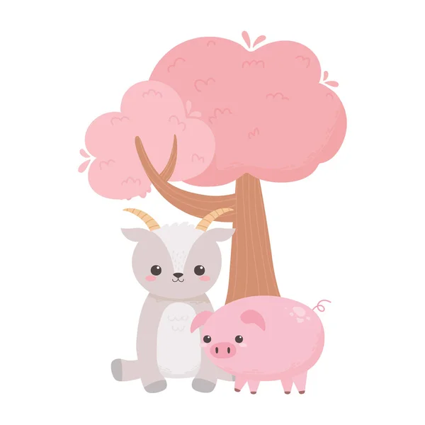 Słodkie kozy i świnie kwiaty drzewo krzew kreskówki zwierzęta — Wektor stockowy
