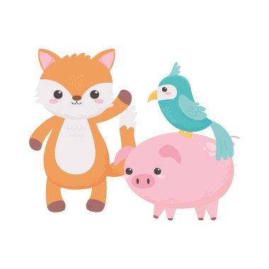 Şirin tilki domuzu papağan çiçekleri çalılık çizgi film hayvanları