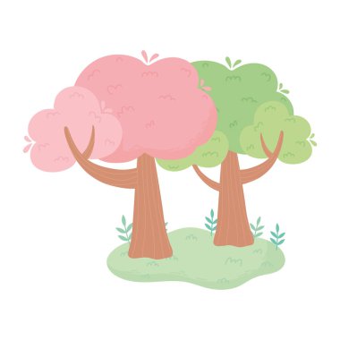 Ağaçlar karikatür çim yaprakları doğa izole beyaz arkaplan tasarımı