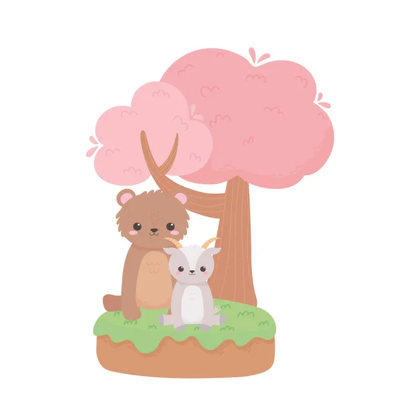 Lindo osito y cabra sentado animales de dibujos animados árbol en un paisaje natural — Vector de stock