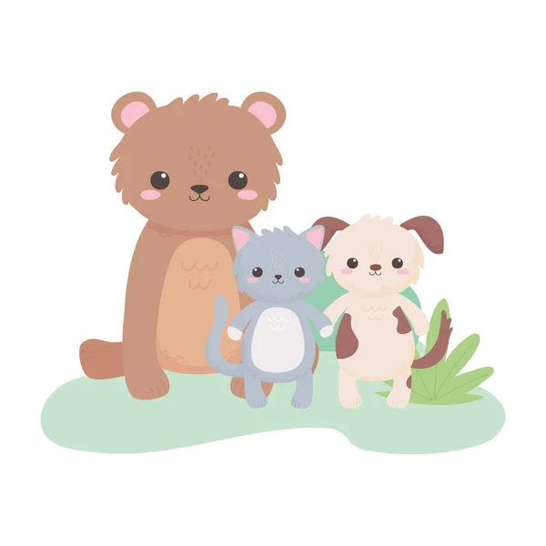 Niedlichen kleinen Bären Katze Hund Blumen Busch Gras Cartoon Tiere in einer natürlichen Landschaft — Stockvektor