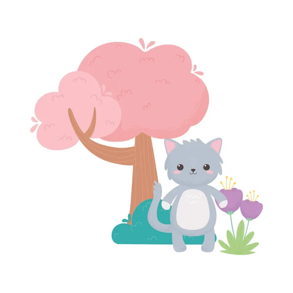 Cute gray cat flowers tree bush cartoon animals in a natural landscape — Stock Vector