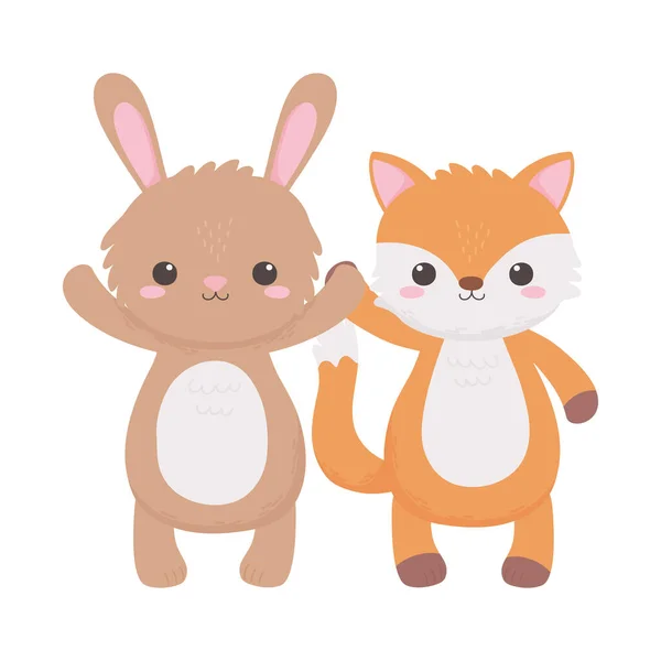 Mignon lapin et renard dessins animés animaux isolés blanc conception de fond — Image vectorielle