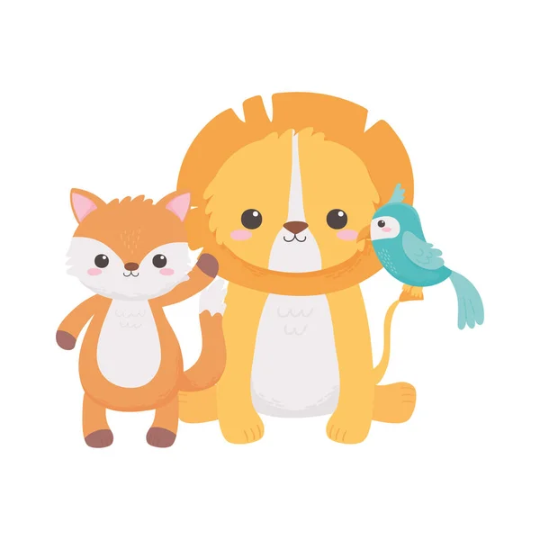 Mignon petit lion perroquet et renard dessin animé animaux isolé blanc fond conception — Image vectorielle