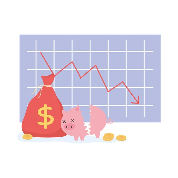Bancarrota informe estadísticas abajo flecha roto alcancía dinero negocio crisis financiera — Vector de stock
