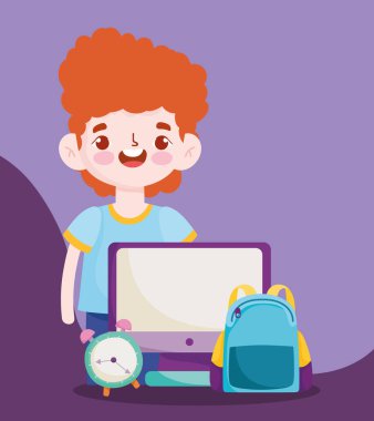 Okula geri dön, bilgisayar çocuk çantası ve saat ilköğretim çizgi filmi.