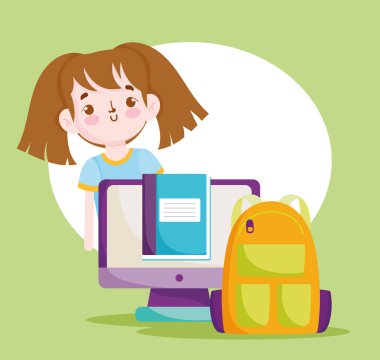 Okula geri dönmek, öğrenci kız monitörü bilgisayar çantası ve kitap ilköğretim çizgi filmi.