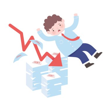 İflas eden üzgün iş adamı oku borç kağıtları ile mali kriz