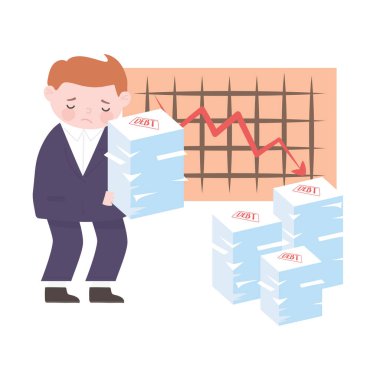 İflas eden üzgün işadamı borç kağıtları yığını ve ok işi finansal krizinin diyagramı