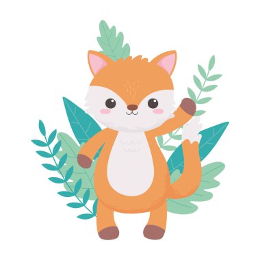 Küçük şirin tilki yaprağı doğası çizgi film hayvanları beyaz arka plan tasarımı