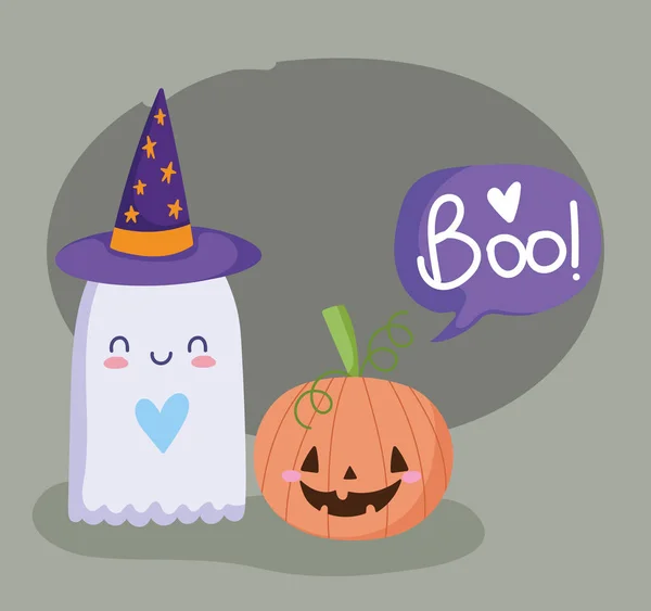 Šťastný Halloween, roztomilý duch s kloboukem a dýně trik nebo léčit party oslavu — Stockový vektor