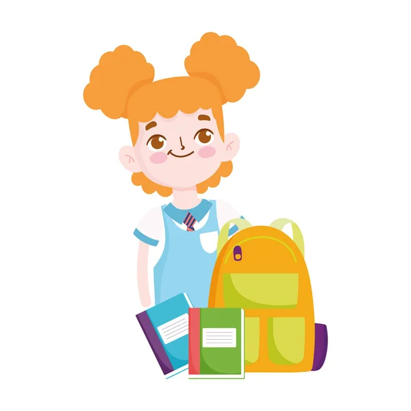 Torna a scuola, studente ragazza zaino libri educazione elementare cartone animato — Vettoriale Stock
