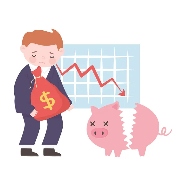 Bancarrota triste empresário saco dinheiro porquinho banco e para baixo gráfico relatório negócio crise financeira —  Vetores de Stock