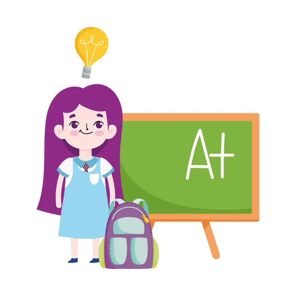 Back to school, student girl backpack chalkboard elementary education cartoon — Stock Vector