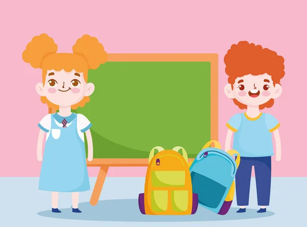 Назад в школу, мальчик и девочка доска сумки начального образования мультфильм — стоковый вектор