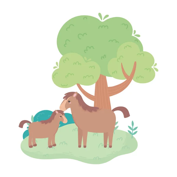 Carino cavallo e puledro cespuglio erba animali dei cartoni animati in un paesaggio naturale — Vettoriale Stock