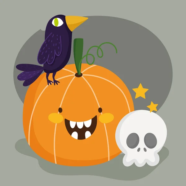 Happy halloween, cute pumpkin raven and skull trick or treat party celebration — Stock Vector