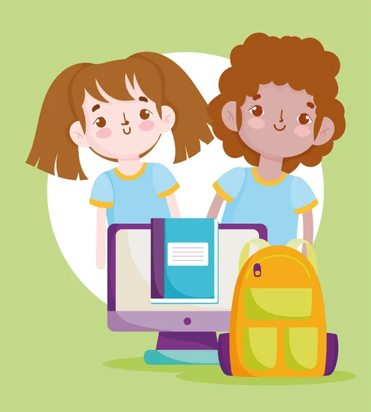 Voltar para a escola, menino estudante e mochila menina livro didático de computador desenho animado educação elementar —  Vetores de Stock