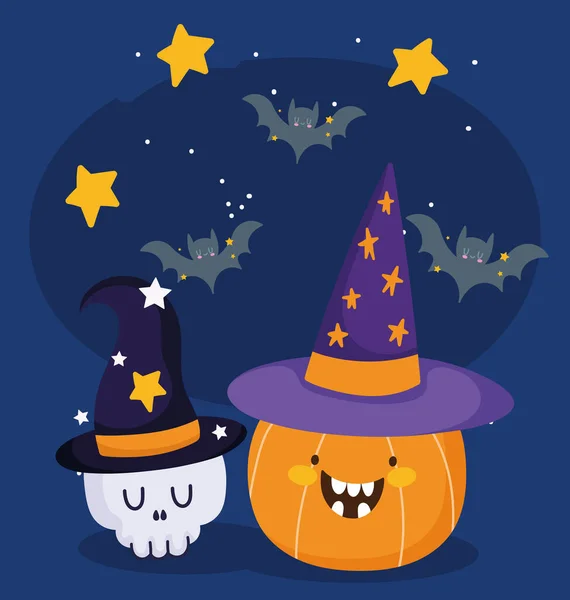 Šťastný Halloween, legrační dýně a lebka s kloboukem hvězdy netopýři trik nebo léčit party oslavy — Stockový vektor