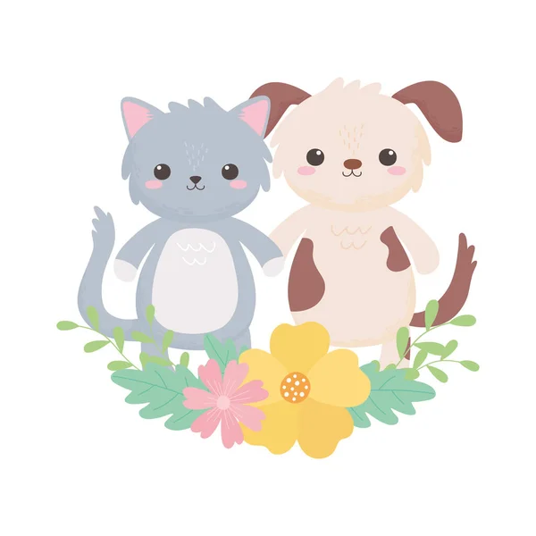 Niedliche Katze und Hund Blumen Laub Cartoon Tiere isoliert weißen Hintergrund Design — Stockvektor