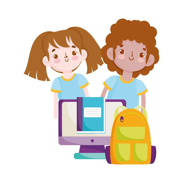 Powrót do szkoły, student chłopiec i dziewczyna plecak komputer podręcznik elementarna edukacja kreskówka — Wektor stockowy