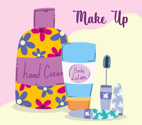 Maquillage cosmétique produit mode beauté corps lotion crème pour les mains et mascara — Image vectorielle