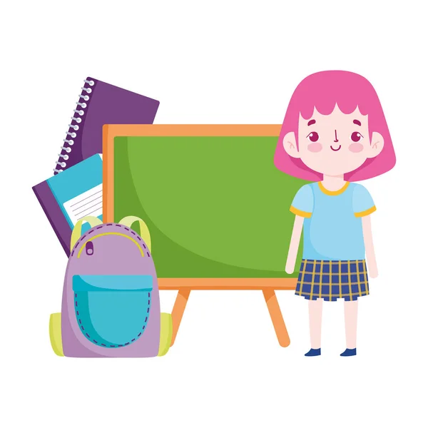 回到学校，学生女童书包和黑板小学教育卡通画 — 图库矢量图片