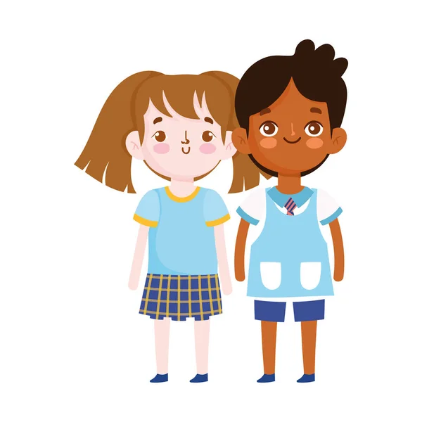 Назад в школу, мальчик и девочка униформа мультипликационного образования — стоковый вектор