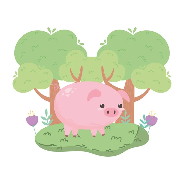 在自然景观中可爱的小猪和树形卡通动物 — 图库矢量图片