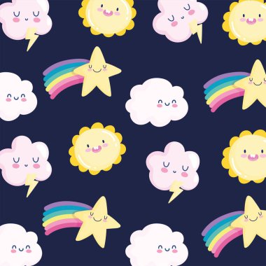 Gökkuşağı bulutlar güneş kayan yıldızlar çizgi film dekorasyonu siyah zemin