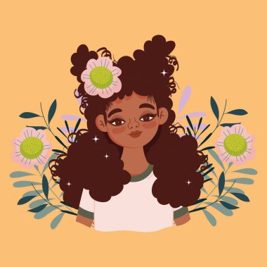 Afro-Amerikan kadın karikatür çiçek yaprağı portresi