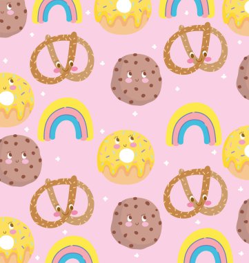 Şirin yemek desenleri, dekorasyon simit kurabiyeleri donut ve gökkuşağı.