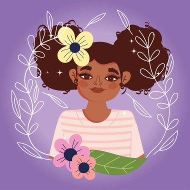Afro-Amerikan kadın karikatür çiçek portresi