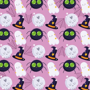 Mutlu cadılar bayramı, hayalet kafatası örümcek şapkası çizgi film şaka mı şeker mi parti kutlaması