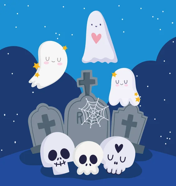 Gelukkig Halloween, geesten schedels en begraafplaats grafstenen truc of traktatie feest viering — Stockvector